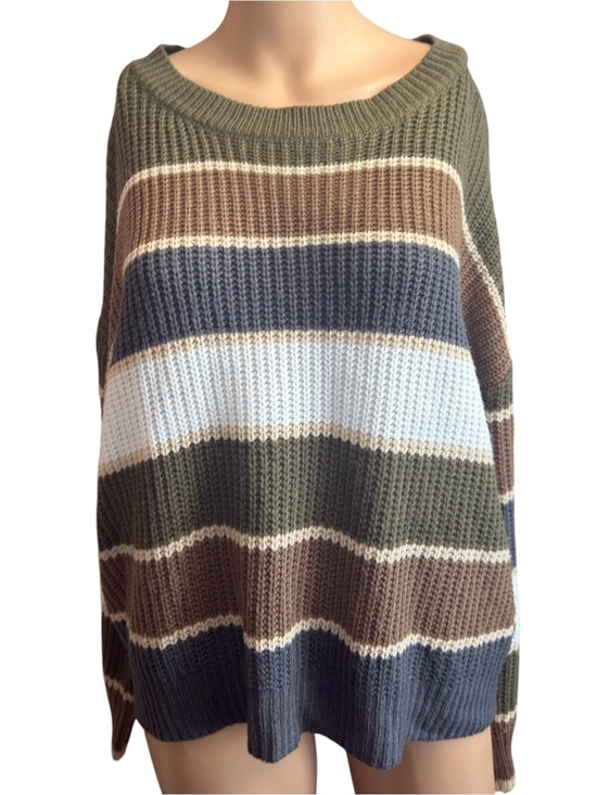 Sweaters - Striped Off-Shoulder Knit Sweater in Olive, Brown & White
